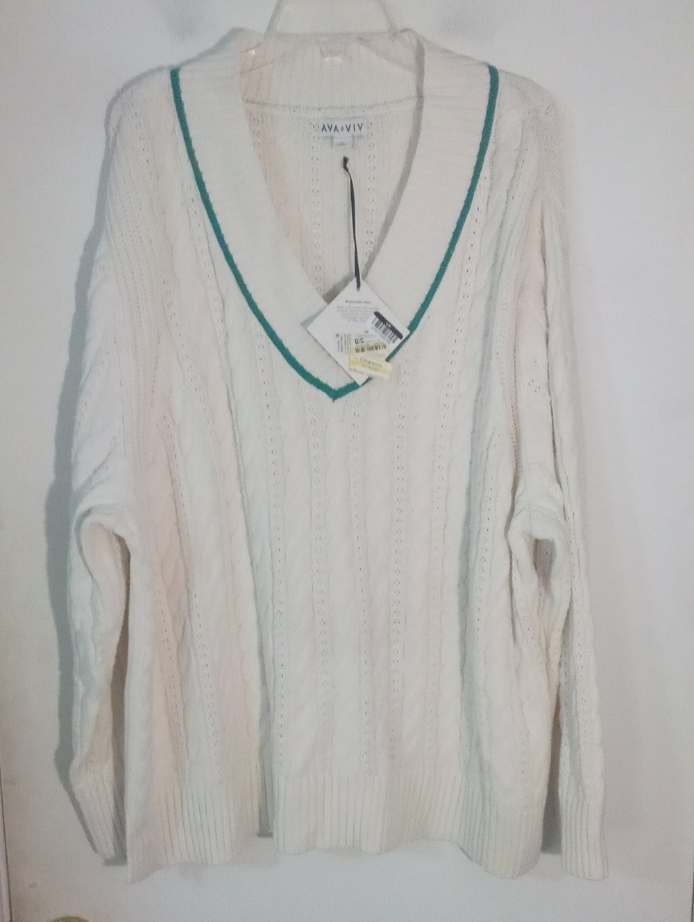 * Ava & Viv White V-Neck Cable Knit Sweater 3X Plus Size NWT $45